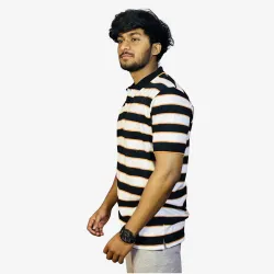 Men's Black White Orange Striped Polo T-Shirt | Premium Cotton Regular Fit